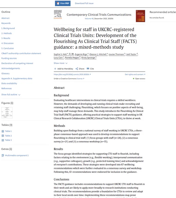 The picture is a screenshot of the 2nd FACTS paper Abstract. The Paper is titled 'Wellbeing for staff in UKCRC-registered Clinical Trials Units: Development of the Flourishing As Clinical Trial Staff (FACTS) guidance: a mixed-methods study" and is published in the Elsevier Journal: Contemporary Clinical Trials Communications.