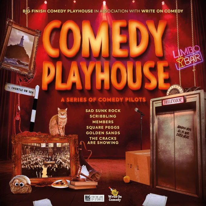 Cover artwork for Comedy Playhouse. A stage with a red curtain and spotlights behind is filled with various items, including: an elevator door, two paintings (of the House of Commons and a lighthouse), a sign pointing to Chortle-on-sea, a neon "limbo bar" sign, a ginger cat, a microphone stand. 