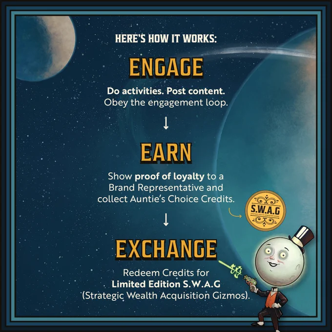 Second promotional image that reads "Here's how it works: Engage, do activities, post content. obey the engagement loop. EARN, Show proof of loyalty to the brand representative and collect Auntie's Choice Credits. EXCHANGE: Redeem credits for Limited Edtion S.W.A.G (Strategic Wealth Acquisition Gizmos)