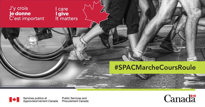 Une photo montrant les roues d’une chaise roulante et des jambes de personnes qui courent ou qui marchent. Texte sur l’image : J’y crois. Je donne. C’est important. I care. I give. It matters. #SPACMarcheCoursRoule.
