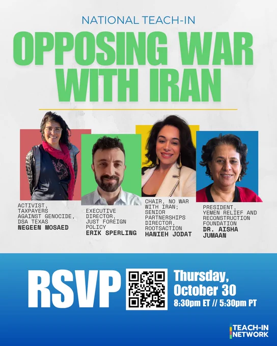 opposing war with iran teach-in october 30 at 830 pm ET https://bit.ly/46ROsYx