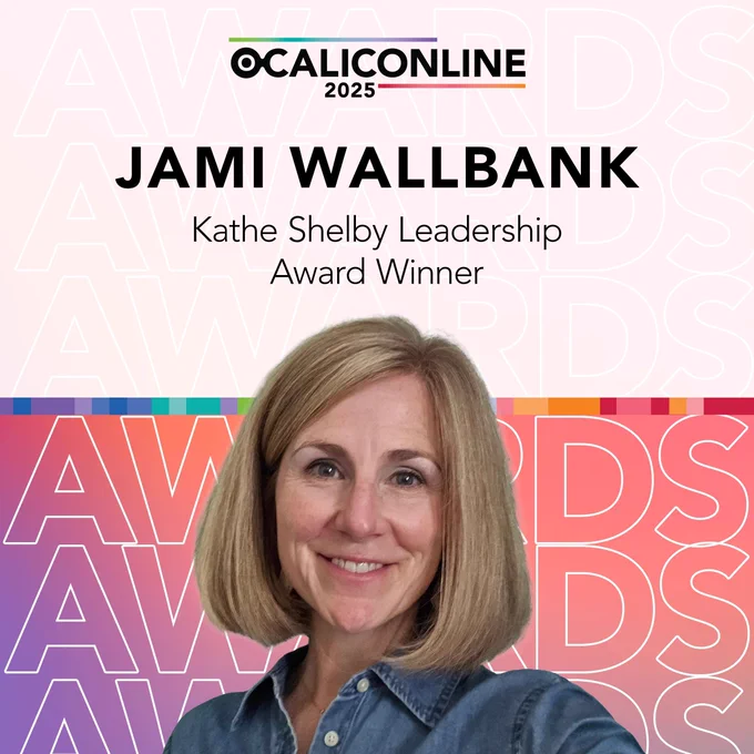 Headshot of Jami Wallbank with shoulder-length, blonde hair, wearing a denim button up shirt. Header text says, "Jami Wallbank. Kathe Shelby Leadership Award Winner." 2025 conference logo at top.