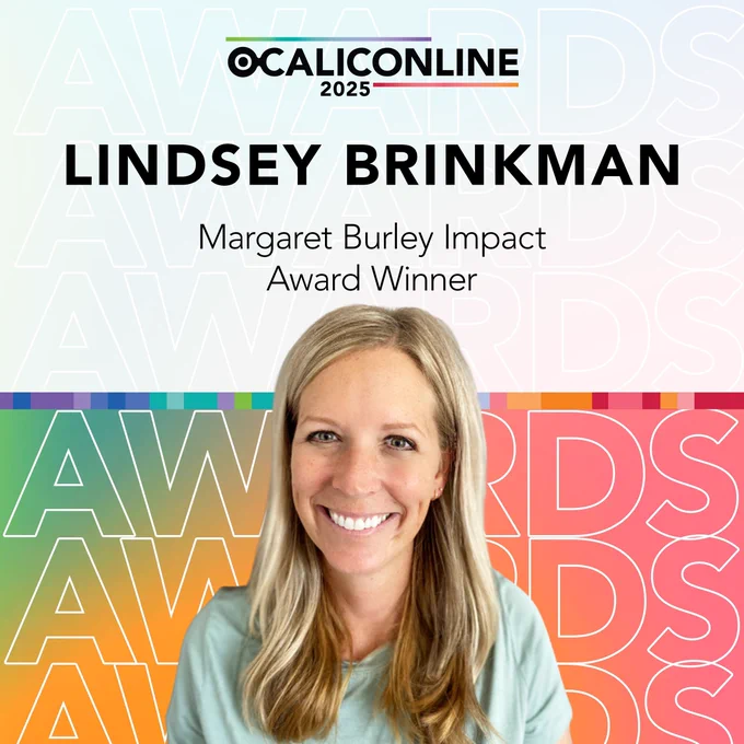 Headshot of Lindsey Brinkman with blonde highlighted hair past her shoulders, wearing a mint green shirt. Header text says, "Lindsey Brinkman. Margaret Burley Impact Award Winner." 2025 conference logo at top.