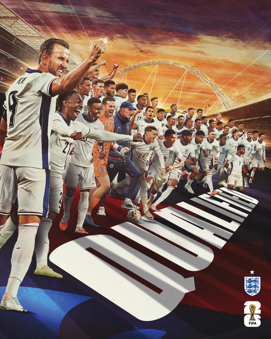 Qualified. England players under the Wembley arch, with the World Cup and England logo side by side.
