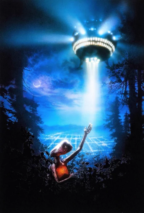 Poster for ET, with ET in the woods reaching for a descending UFO.