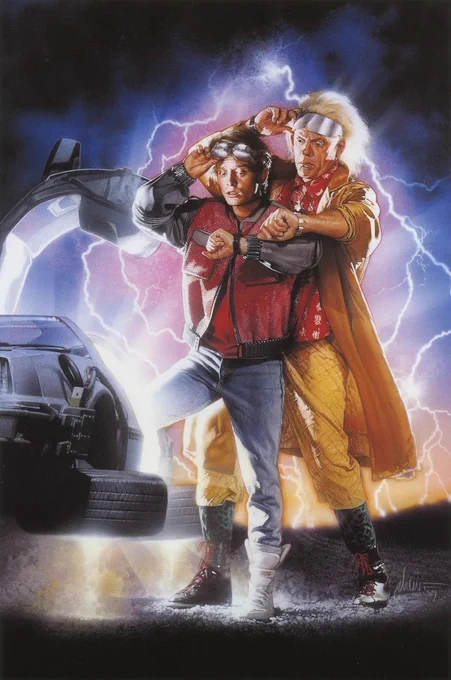Poster for Back to the Future Part II, with Doc and Marty both lifting shades to look at a watch with the Delorean nearby.