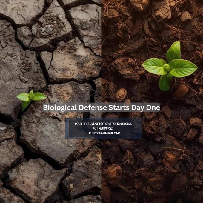 Split image showing contrast between unhealthy and healthy soil.
Left side: dry, cracked soil with a weak seedling.
Right side: rich, structured soil with a vibrant green seedling and visible residue.
Text overlay reads: “Biological Defense Starts Day One.”
Quote at the bottom says: “Your first line of pest control is microbial  not mechanical.”  Rocky Mountain BioAg®