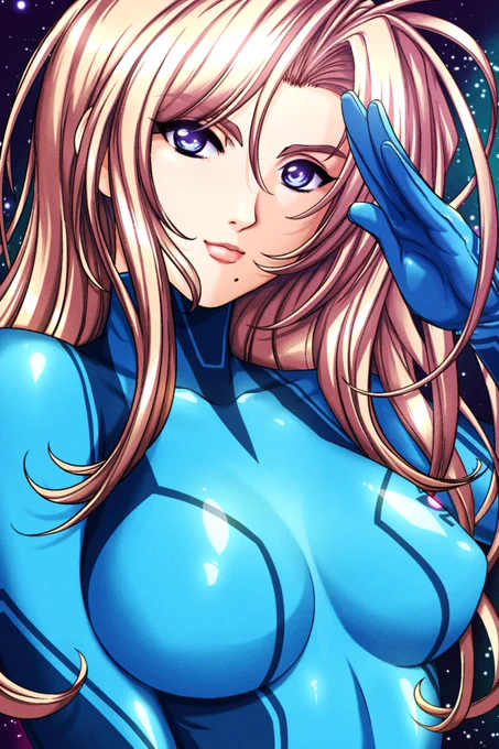 An illustration of Samus Aran with her hair down. She is wearing her Zero Suit and saluting.