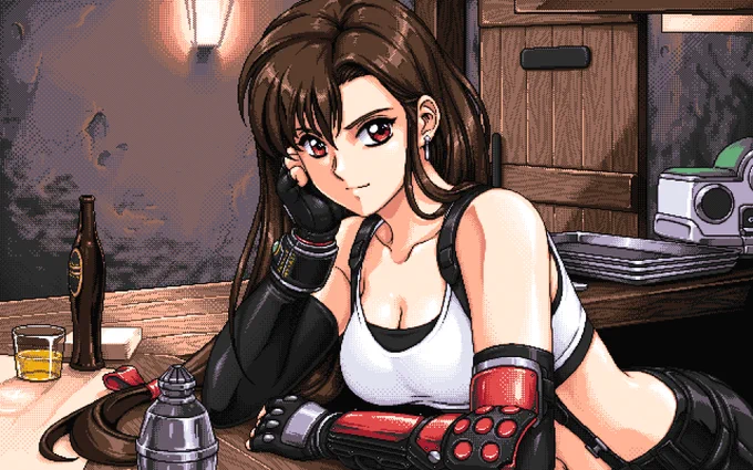 A pixel art illustration of Tifa Lockhart in the style of PC-98 visual novels. She is leaning against the bar in 7th Heaven. Based on a scene from Final Fantasy VII Remake.