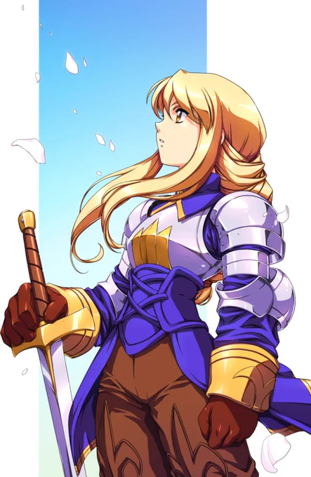 An illustration of Agrias Oaks from Final Fantasy tactics. She is standing with her hand resting on the hilt of her sword, which is planted in the ground. She is looking into the distance as flower petals drift by in the wind.