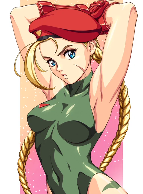 In illustration of Cammy White from Street Fighter in her Delta Red attire. She is stretching, in a pose reminiscent of her Super Street Fighter 2 portrait.