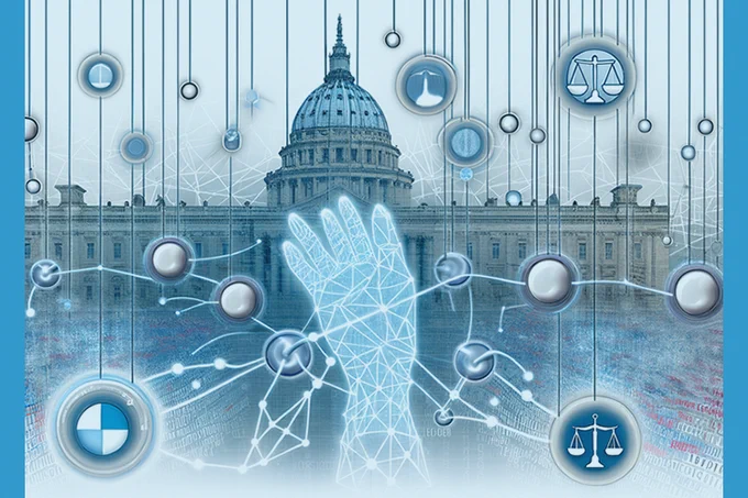 A digitized hand in front of the US Capitol building with circles showing symbols of government and technology connected by dotted lines