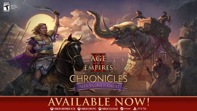 Promotional art for Age of Empires II: Definitive Edition – Chronicles: Alexander the Great. Alexander rides a black horse on the left, sword raised, leading Macedonian troops with long spears. On the right, Puru warriors of India advance on foot and atop armored war elephants. A golden battlefield sunset casts dramatic light over the clash. 

A red banner is at the bottom with golden text, "AVAILABLE NOW!" The official game logo sits just above the center of the banner. Platforms: "XBOX SERIES X|S, XBOX ON PC, XBOX CLOUD, STEAM, PLAYSTATION 5"