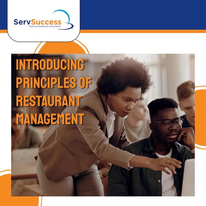 Promotional graphic by ServSuccess for 'Principles of Restaurant Management' featuring two professionals collaborating over a laptop in an office setting.
