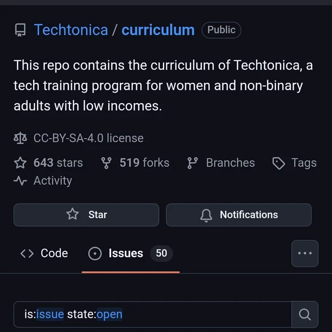 Screenshot of Techtonica's curriculum repo on GitHub