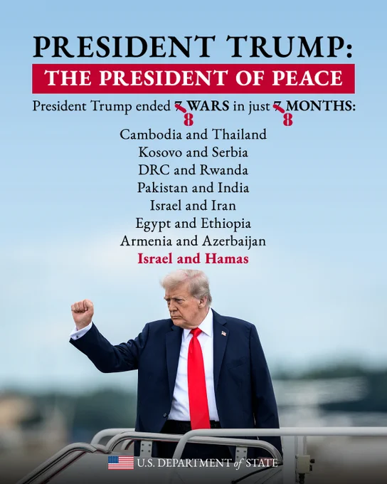 President Trump poses with his fist raised, with graphic text: President Trump: The President of Peace. President Trump ended 8 WARS in just 8 MONTHS: Cambodia and Thailand, Kosovo and Serbia, DRC and Rwanda, Pakistan and India, Israel and Iran, Egypt and Ethiopia, Armenia and Azerbaijan, Israel and Hamas
