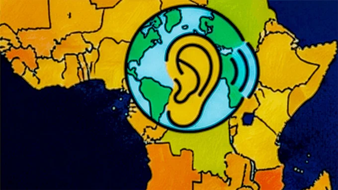 map of Africa with globe overlay showing an ear and 3 curved lines 