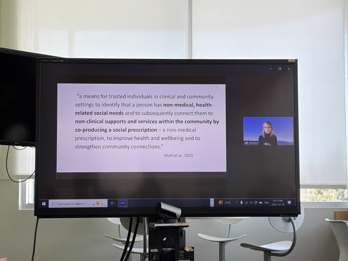 Presentation slide on social prescribing with Prof. Maureen Ashe speaking via Zoom during a Centre of Aging SMART Lunch & Learn.