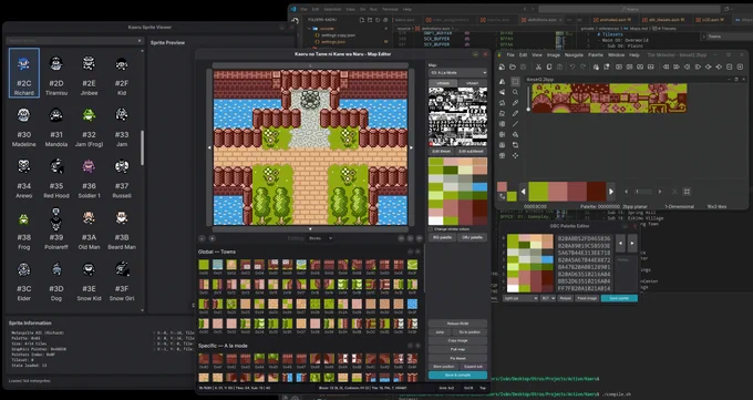 A screenshot of my development environment for my Kaeru no Tame ni Kane wa Naru colorization hack. It includes tools to edit the map, the sprites, the palettes and the graphics.