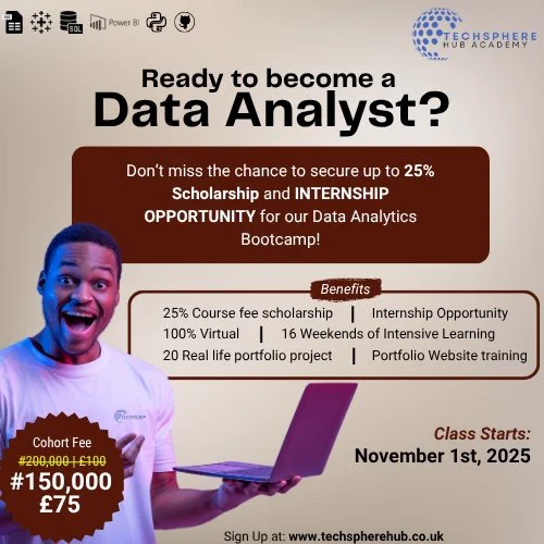 Register for data analysis boot camp this November with TechSphere Hub Academy. Career boost. Data Analysis.