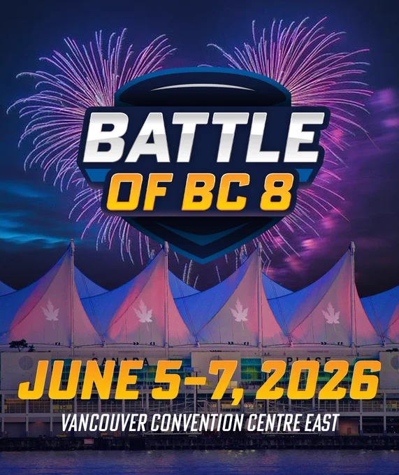 Battle of BC 8 logo, surrounded by fire works with the Vancouver Convention Centre in the background and the date June 5 to 7 2026 and Vancouver Convention Centre East written below.