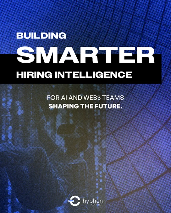 Poster text: “Building Smarter Hiring Intelligence — For AI and Web3 Teams Shaping the Future.”
Background: futuristic tech design with network patterns and person in VR headset.