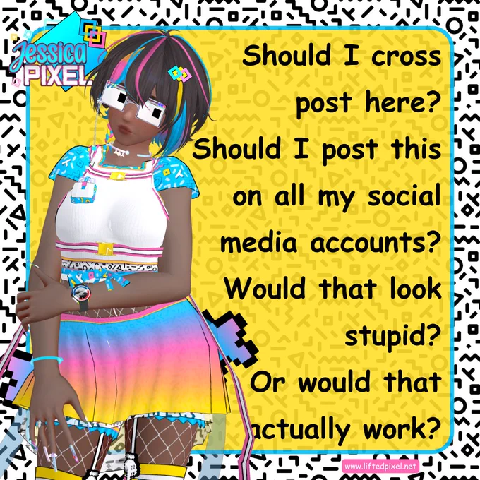 jessica pixel, standing to the left, one arm at the side, one arm holding the forearm, looks unsure toward the post text on the right, bold black comic sans. the background is a black and white memphis pattern, a translucent yellow rounded square with a bright blue border. the image has a bold, annoying, alluring feel.