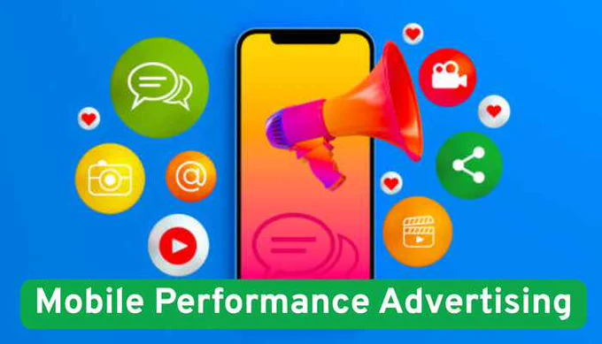 Colorful digital illustration of a smartphone surrounded by social media and marketing icons with a megaphone — representing Mobile Performance Advertising and app growth strategies.