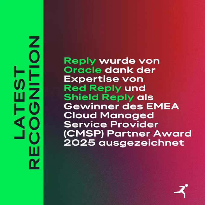 Reply wurde von Oracle mit dem 2025 EMEA Cloud MSP Partner Award ausgezeichnet – dank der starken Leistungen von Red Reply & Shield Reply!
