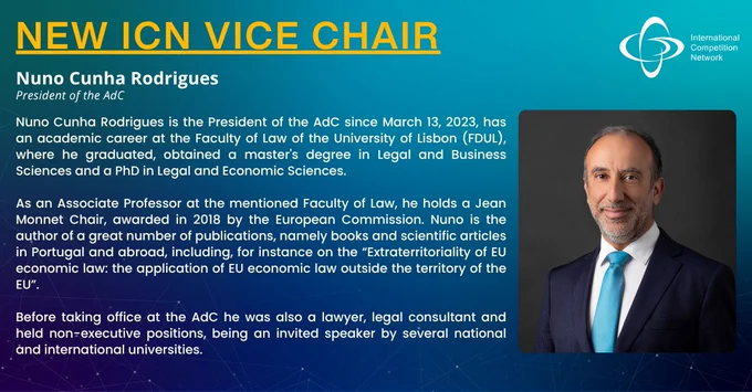 Graphic introducing Nuno Cunha Rodrigues as a new ICN Vice Chair. Highlights his role as President of Portugal’s Competition Authority (AdC) and academic background at the University of Lisbon. Features his portrait beside the ICN logo on a blue background.