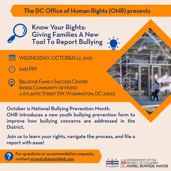 A flyer promoting an upcoming family workshop on youth bully prevention