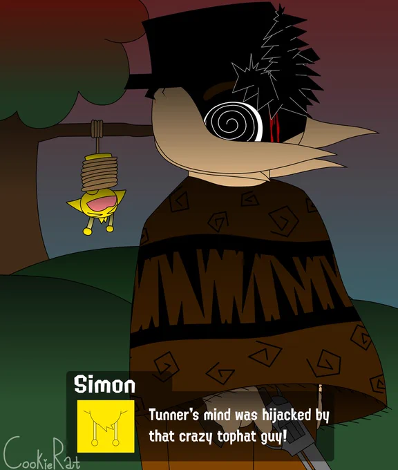 Tunner had now turned around revealing a bit ass crystal looking horn around his forehead piercing through his head and bleeding. He looks directly at you with his revolver in hand, finger on the trigger.
Ditto in terms of the background (L Simon)

Simon: "Tunner's mind was hijacked by that crazy tophat guy!"