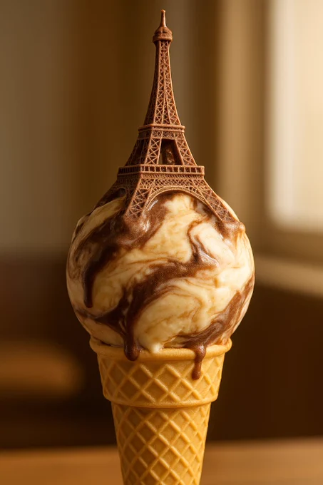 A hyperrealistic food photograph of a (CITY)-inspired ice cream cone, made of edible architecture and creamy textures, the scoop reflecting the city’s signature shapes and structures, detailed handcrafted design, delicate wafer cone base, warm natural daylight, subtle melting details, cinematic macro lighting, playful yet elegant composition, photorealistic textures, vertical 9:16 format