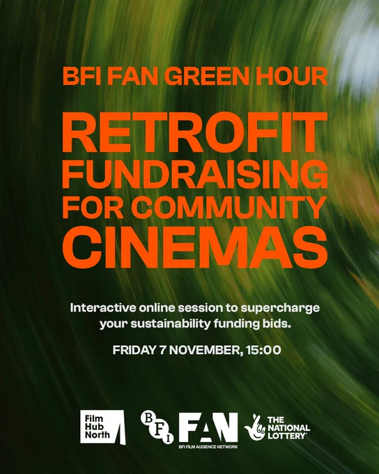 Text reads: ‘BFI FAN Green Hour: Retrofit Fundraising for Community Cinemas’. ‘Interactive online session to supercharge your sustainability funding bids’. ‘Friday 7 November, 15:00’. Film Hub North, BFI FAN and The National Lottery logos at bottom. Background image is abstract green pattern with circular motion blur.