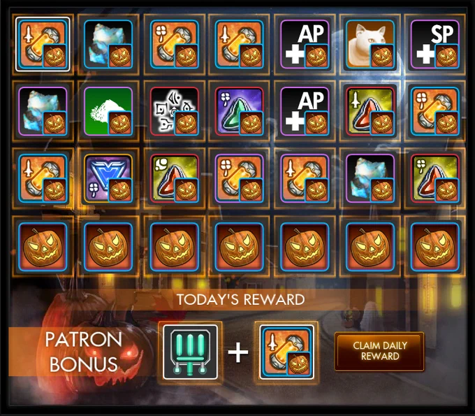The Daily Login Window in Secret World Legends displaying 28 boxes of in-game rewards at the top while the specific reward for the day is displayed at the bottom. The background of the window is decorated with a foggy street that has ominously glowing Jack-O-Lanterns grinning. There is text stating "TODAY'S REWARD" and "CLAIM DAILY REWARD" in white on orange near the bottom.
