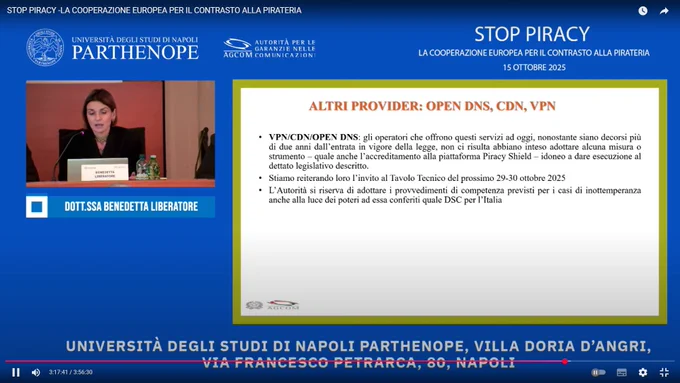 Screenshot dall'intervento odierno della Dott.ssa Benedetta Alessia Liberale (DSDI AGCOM) al convegno STOP PIRACY

timeframe 3:01:50 - 3:18:30

https://www.youtube.com/watch?v=HWw5l0uE13g