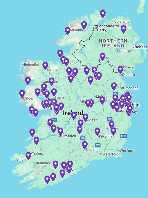 Map of participating schools and youth groups around Ireland for ReelLIFE SCIENCE 2025