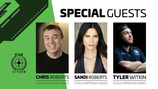 Special guests featured: Chris Roberts, Sandi Roberts, and Tyler Witkin from Cloud Imperium Games, related to Star Citizen.