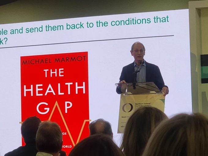 Professor Sir Michael Marmot presenting on health inequalities.
