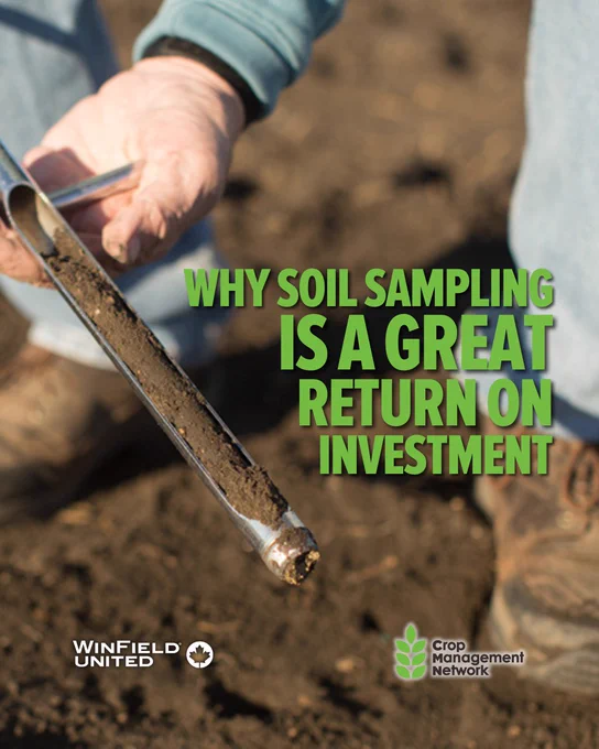 Advertisement by WinField United Canada and Crop Management Network featuring an individual examining a soil sample in a field with text that reads 'Why Soil Sampling Is A Great Return on Investment.'