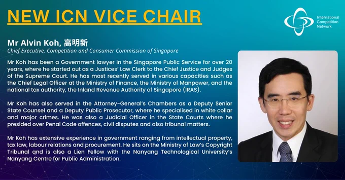 Graphic introducing Alvin Koh, Chief Executive of Singapore’s CCCS, as a new ICN Vice Chair. Highlights his 20  years of public service and leadership in competition, tax, and law. Features his portrait beside the ICN logo on a blue background.