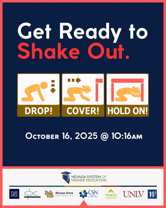 Blue and red graphic for the upcoming Great Nevada Shake Out earthquake drill, happening this October 16th. 