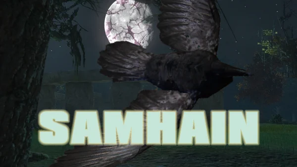 It is night time and the moon shines bright above Stonehenge in Secret World Legends. There are dark cracks in the moon and a raven facing right is seen swooping into the scene. The word "SAMHAIN" glows a fluorescent white and sits below the raven.