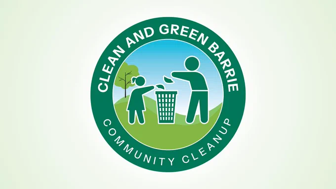 Logo for "Clean and Green Barrie Community Cleanup" featuring two stylized figures, one placing trash in a bin and the other holding a trash bag, set against a circular green backdrop.
