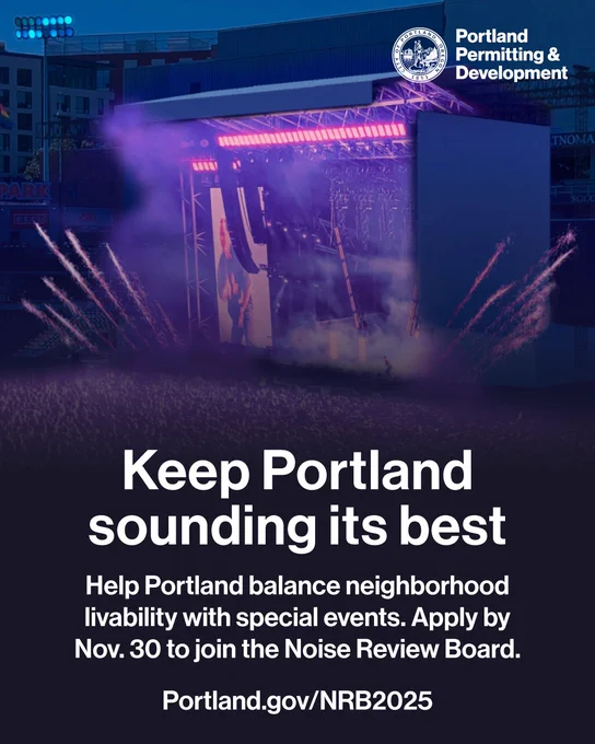 Loud rock concert with a large audience at Providence Park in Portland, OR. Keeping Portland sounding its best. Help Portland balance neighborhood livability with special events. Apply by Nov. 30 to join the Noise Review Board. Portland.gov/NRB2025. City of Portland seal and wordmark.