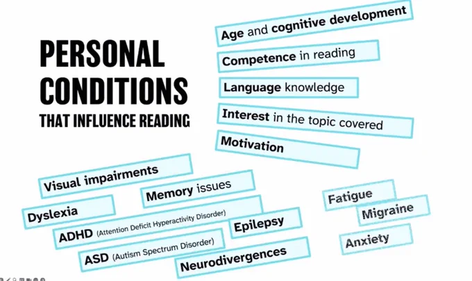 Graphic titled “Personal conditions that influence reading.” that lists common factors.