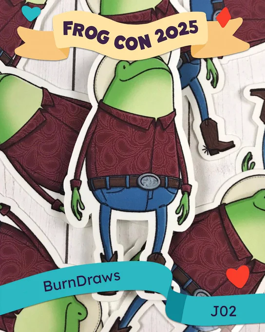 Frog Con 2025 | BurnDraws @ J02 | Bean the Cowboy Frog Sticker | 3 inch Matte Laminate