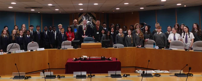 Seren Academy students in the Council chamber