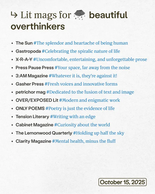 Lit mags for beautiful overthinkers

• The Sun #The splendor and heartache of being human

• Gastropoda #Celebrating the spiralic nature of life

• X-R-A-Y #Uncomfortable, entertaining, and unforgettable prose

• Press Pause Press #Your space, far away from the noise

• 3:AM Magazine #Whatever it is, they're against it!

• Gasher Press #Fresh voices and innovative forms

• petrichor mag #Dedicated to the fusion of text and image

• OVER/EXPOSED Lit #Modern and enigmatic work

• ONLY POEMS #Poetry is just the evidence of life

• Tension Literary #Writing with an edge

• Cabinet Magazine #Curiosity about the world

• The Lemonwood Quarterly #Holding up half the sky

• Clarity Magazine #Mental health, minus the fluff

October 15, 2025
