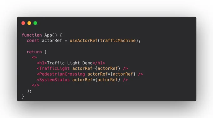 Code example of the useActorRef hook creating an actor reference to pass into multiple child components as props